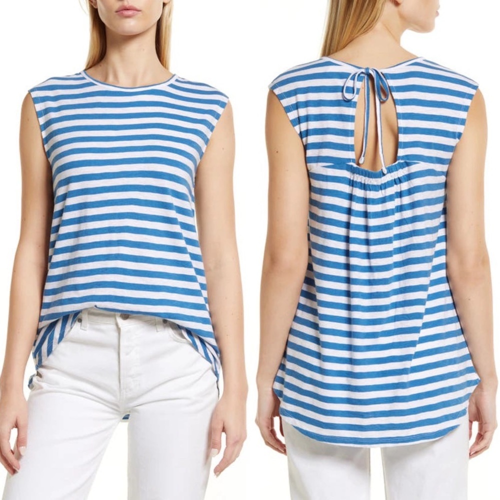 NEW Nordstrom Caslon Tie Back Cap Sleeve Striped Cotton Top Blue White Large L